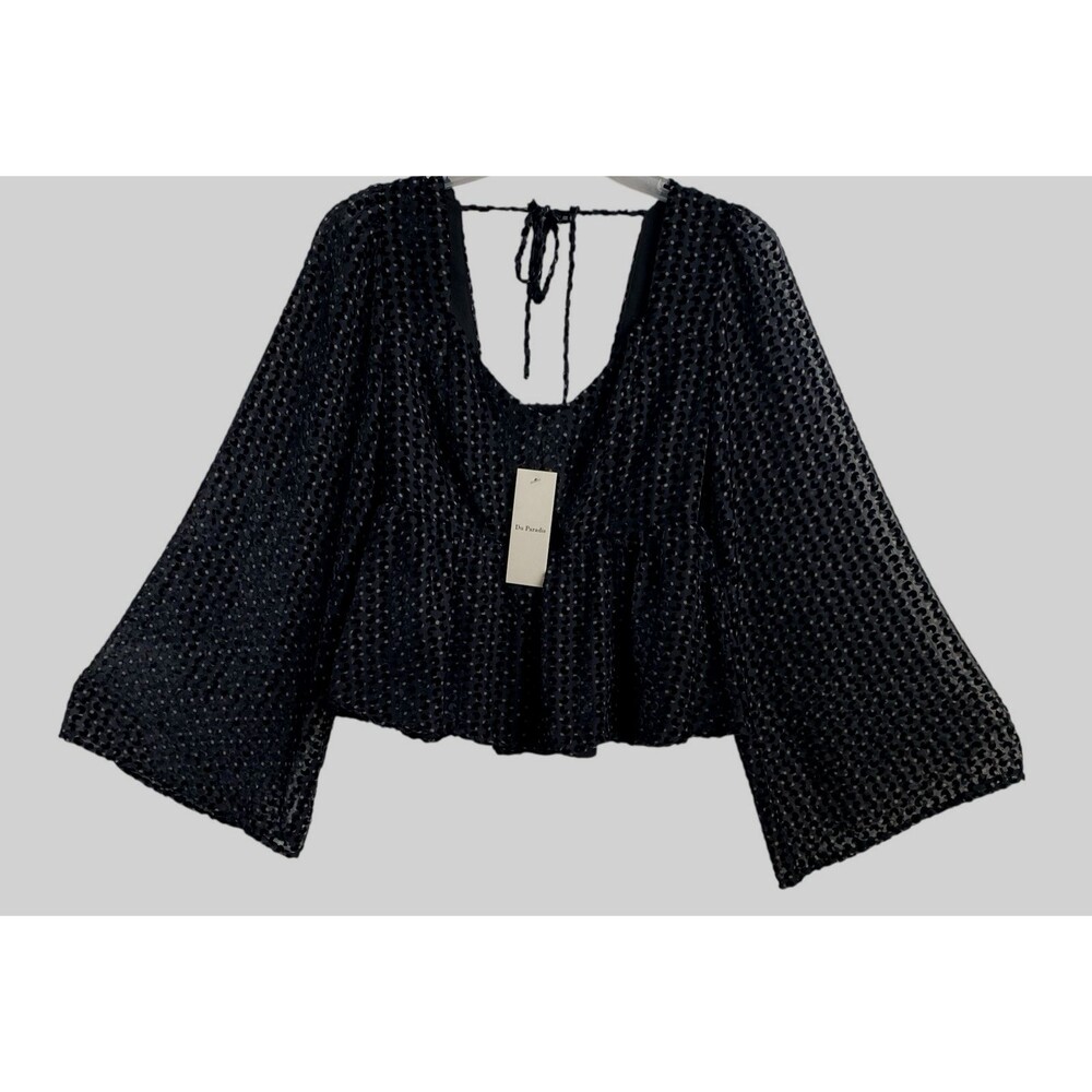 Du Paradis Anthropologie Black Long Sleeve Top Velvet‎ Accents Sz Small